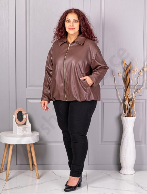 Geaca maxi de dama din piele cu rever frumos-ciocolata cod 5252-1