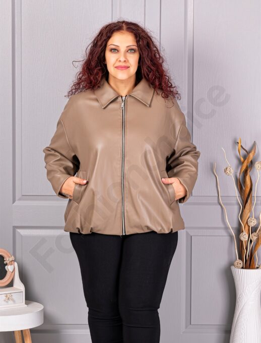 Geaca maxi de dama din piele cu rever frumos-moca cod 5252-3