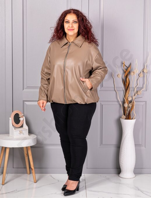 Geaca maxi de dama din piele cu rever frumos-moca cod 5252-3