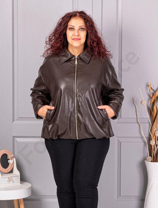 Geaca maxi de dama din piele cu rever frumos-maro cod 5252-5