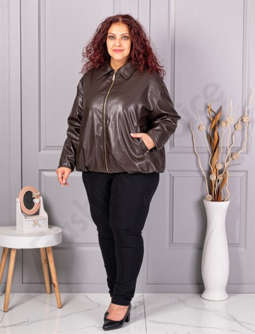 Geaca maxi de dama din piele cu rever frumos-maro cod 5252-5