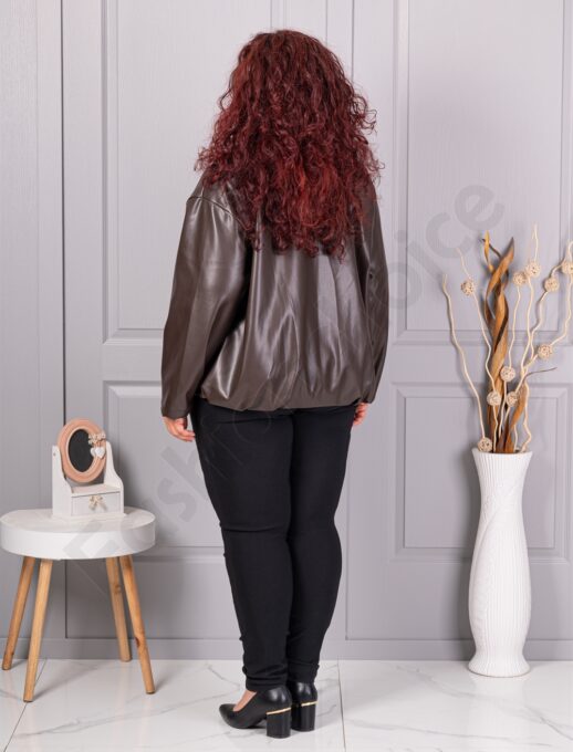 Geaca maxi de dama din piele cu rever frumos-maro cod 5252-5
