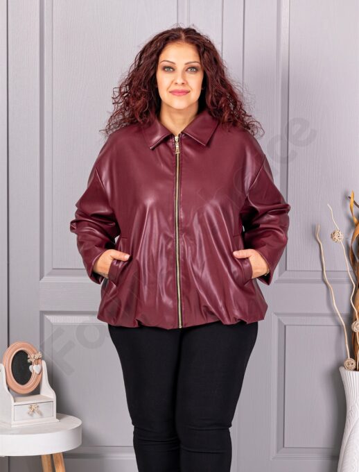Geaca maxi de dama din piele cu rever frumos-bordo cod 5252-2