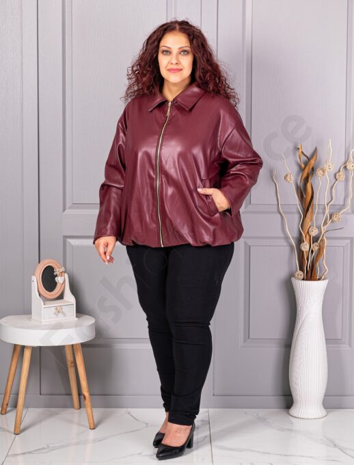 Geaca maxi de dama din piele cu rever frumos-bordo cod 5252-2