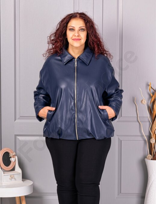 Geaca maxi de dama din piele cu rever frumos-albastru inchis cod 5252-4