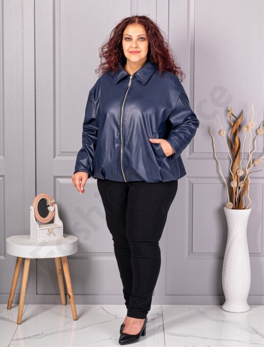Geaca maxi de dama din piele cu rever frumos-albastru inchis cod 5252-4