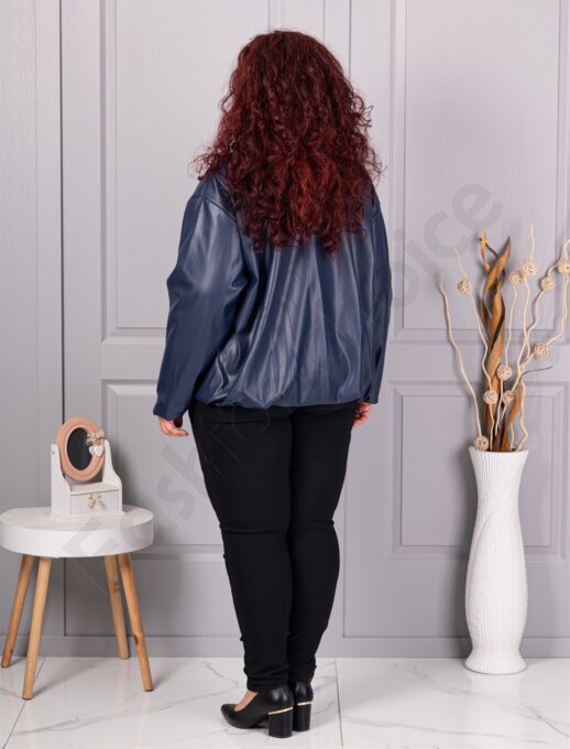 Geaca maxi de dama din piele cu rever frumos-albastru inchis cod 5252-4