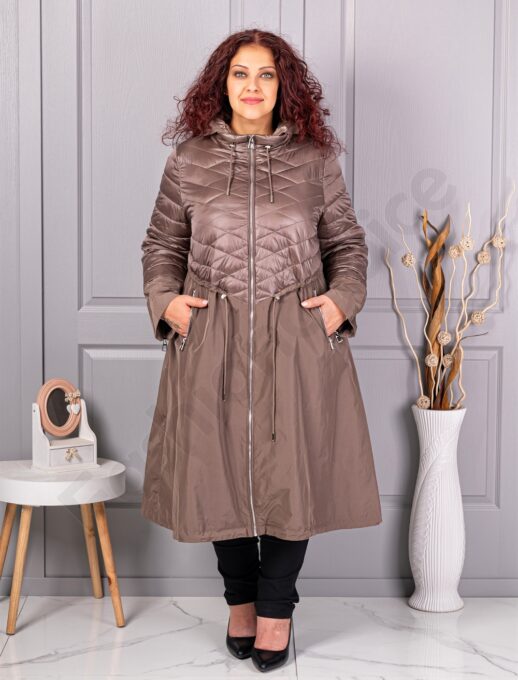 Trenci maxi lung in cloș din fas cu gluga-moca cod 2967-3