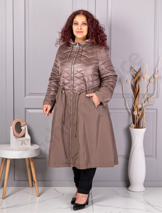 Trenci maxi lung in cloș din fas cu gluga-moca cod 2967-3