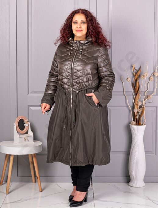 Trenci maxi lung in cloș din fas cu gluga-kaki cod 2967-2