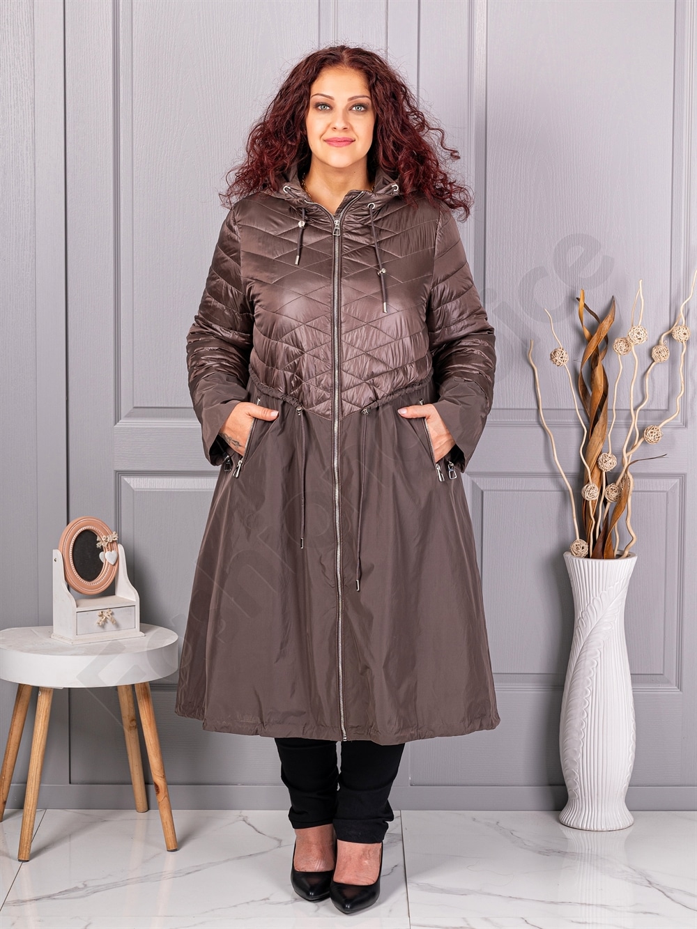 Trenci maxi lung in cloș din fas cu gluga-cafea cod 2967-1