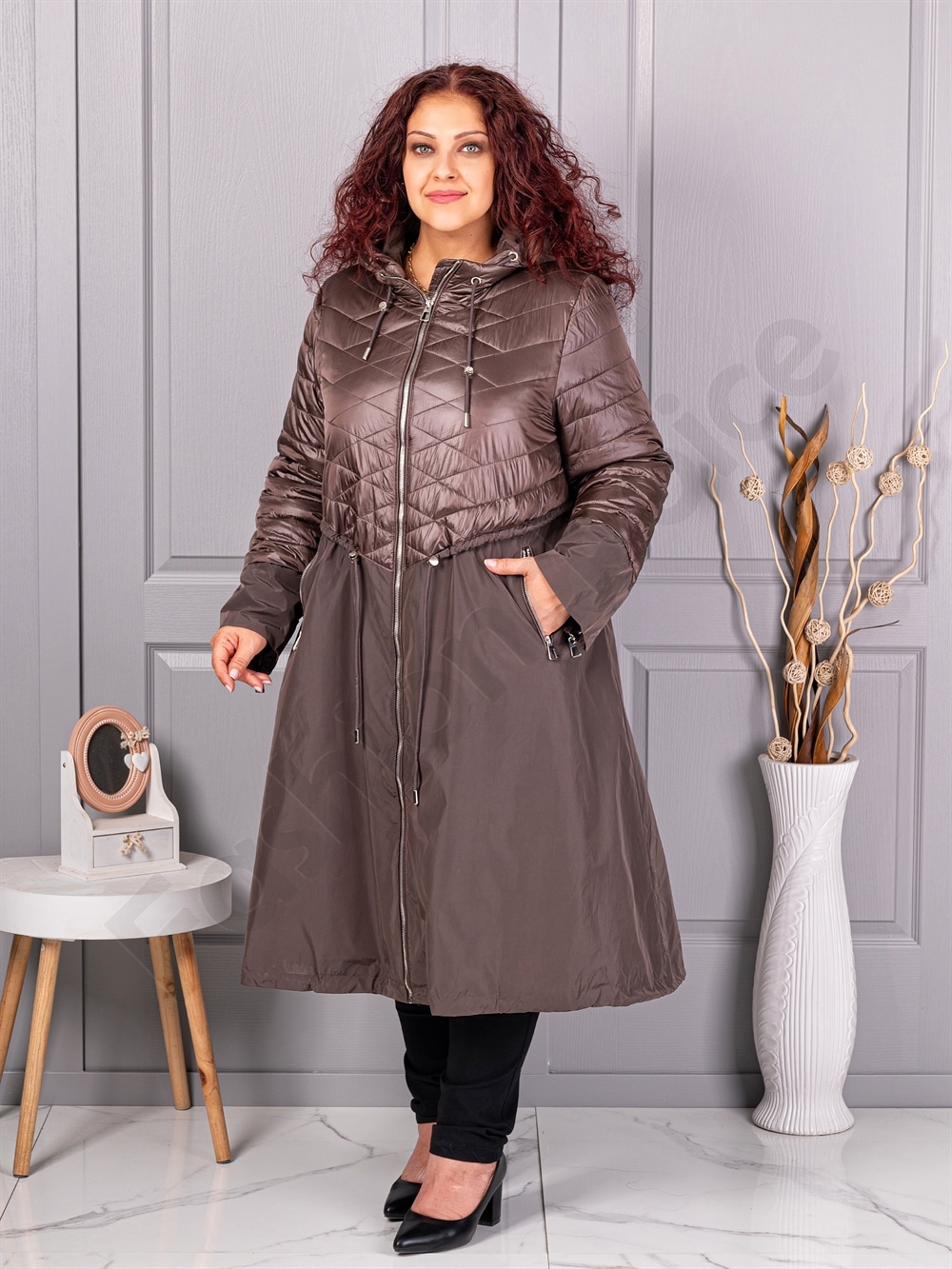 Trenci maxi lung in cloș din fas cu gluga-cafea cod 2967-1