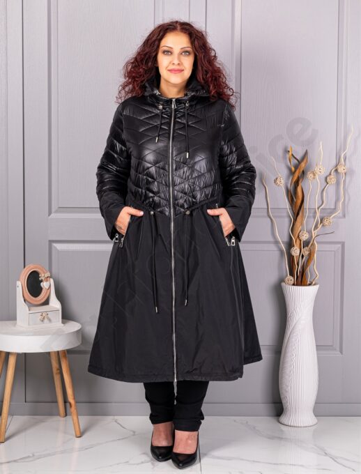 Trenci maxi lung in cloș din fas cu gluga-negru cod 2967