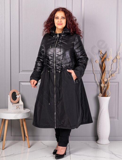 Trenci maxi lung in cloș din fas cu gluga-negru cod 2967