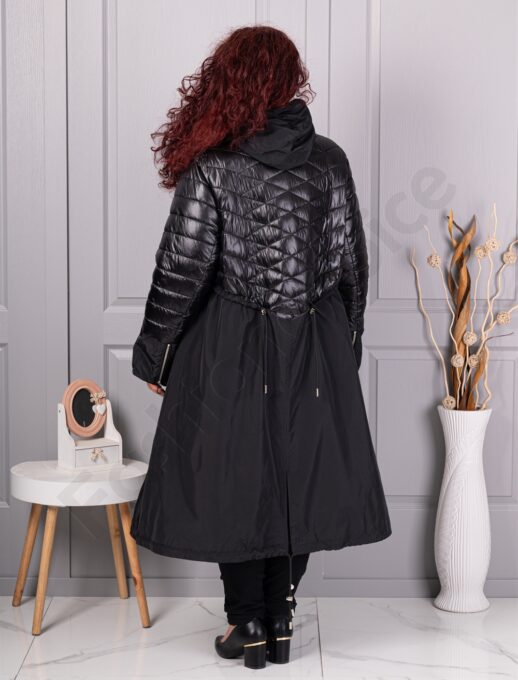 Trenci maxi lung in cloș din fas cu gluga-negru cod 2967