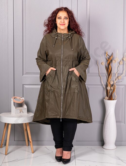Trenci maxi din fas cu gluga si buzunare-kaki cod 2509