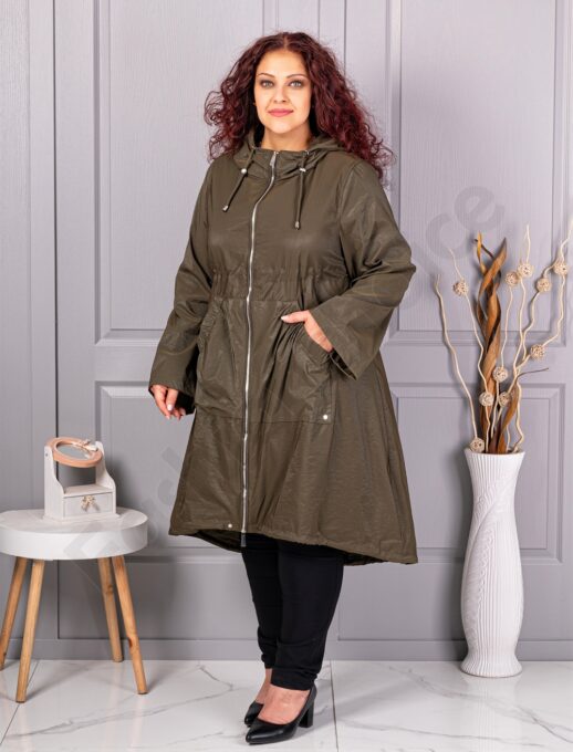 Trenci maxi din fas cu gluga si buzunare-kaki cod 2509