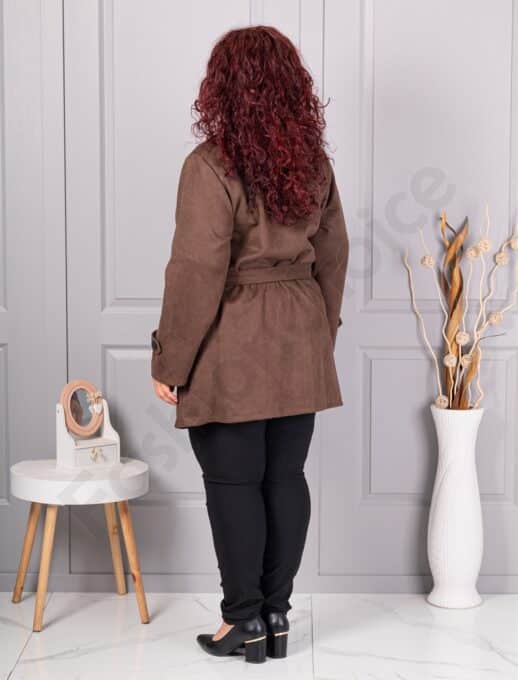 Palton maxi din nubuc eco cu rever dublu si curea-ciocolata cod 52412-3