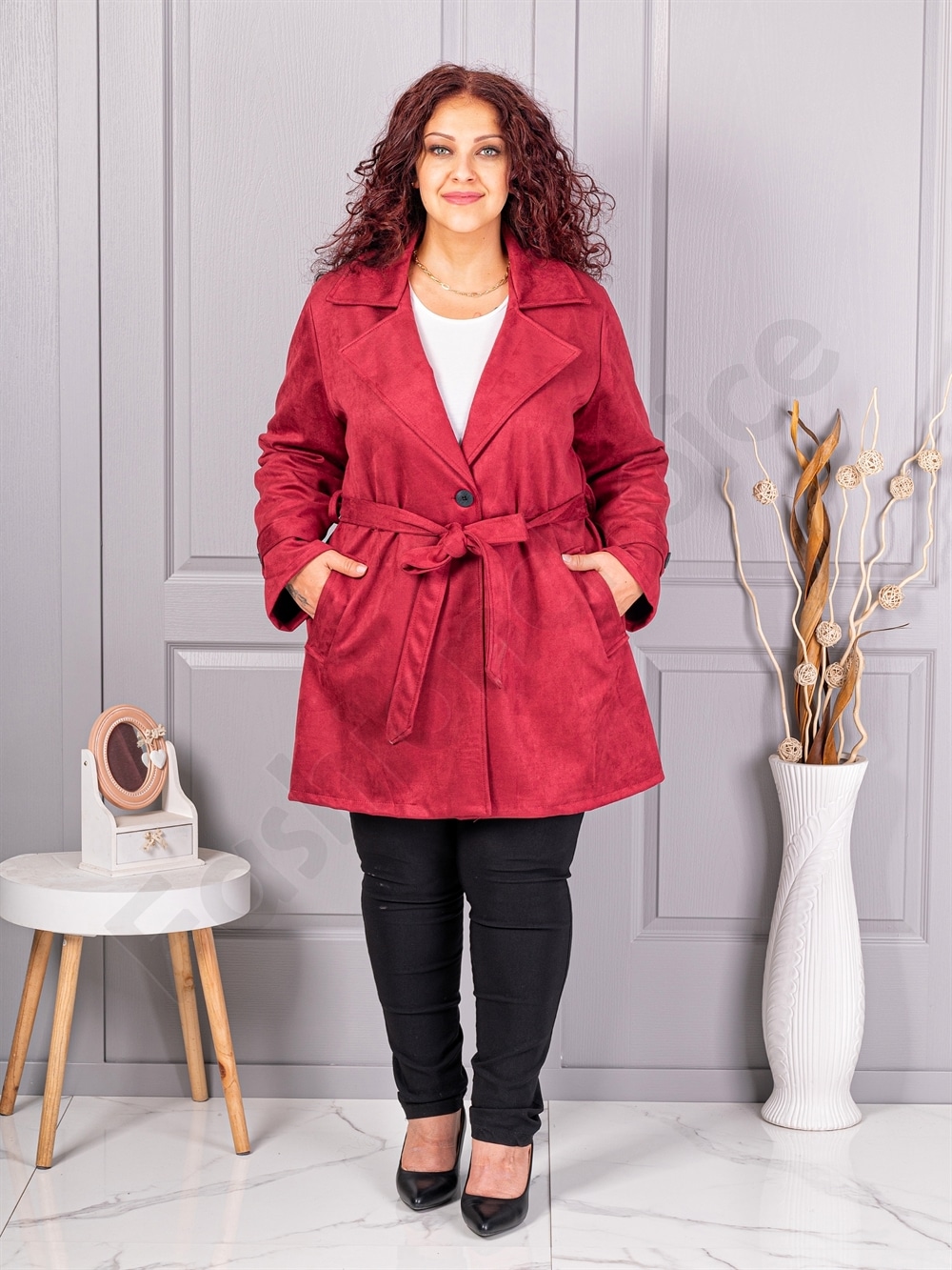 Palton maxi din nubuc eco cu rever dublu si curea-bordo cod 52412-5