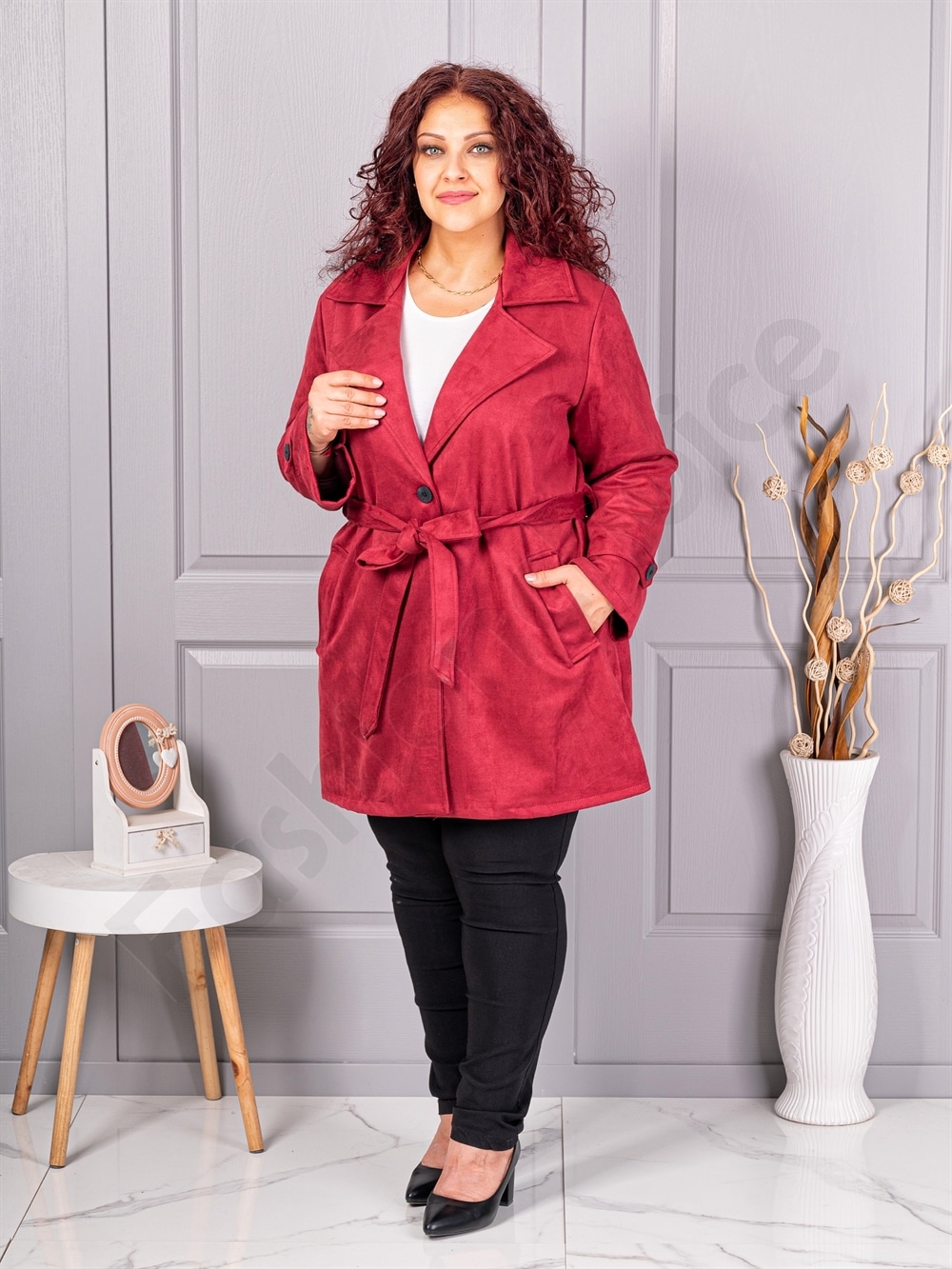 Palton maxi din nubuc eco cu rever dublu si curea-bordo cod 52412-5