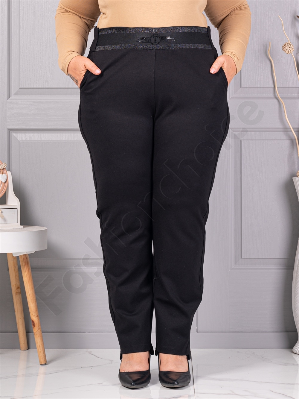 Pantalon maxi de dama cu silueta clasica si talie inalta cu pietricele cod 2494-1