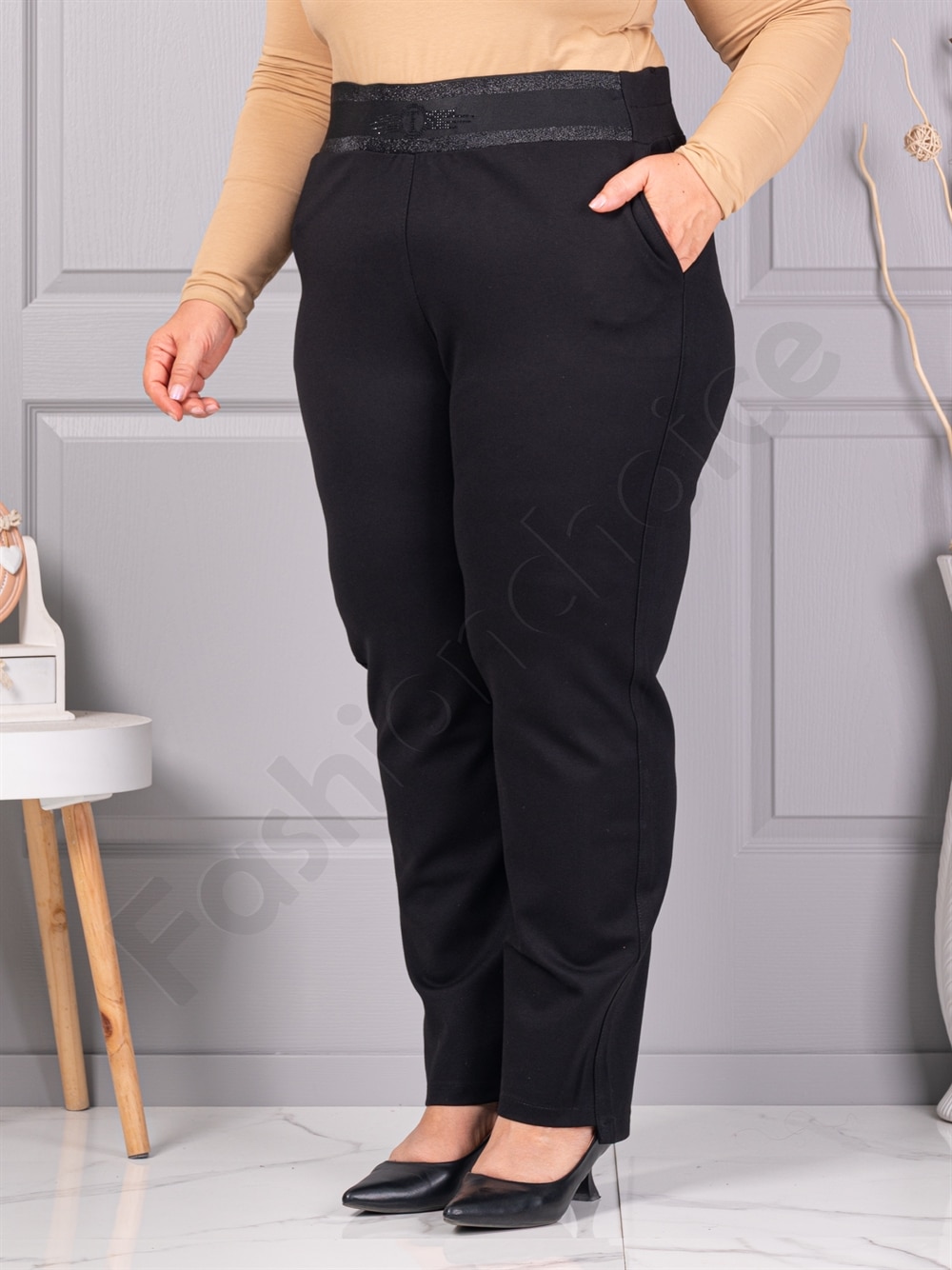 Pantalon maxi de dama cu silueta clasica si talie inalta cu pietricele cod 2494-1