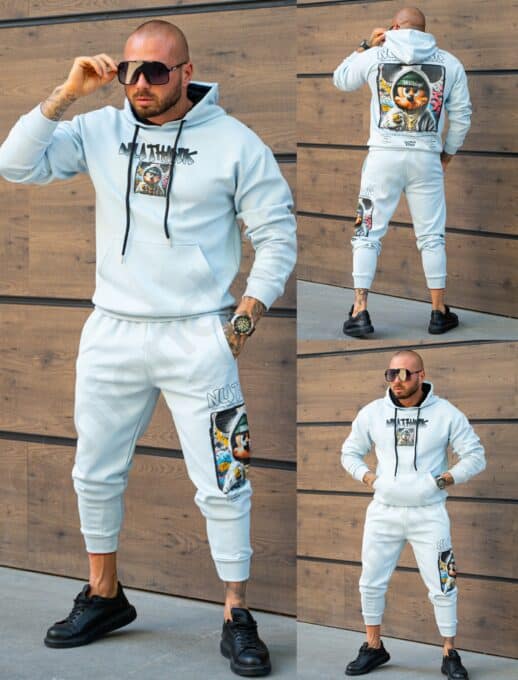 Compleu pentru barbati cu hanorac hoodie si imprimeu Mickey-albastru deschis cod 359-1