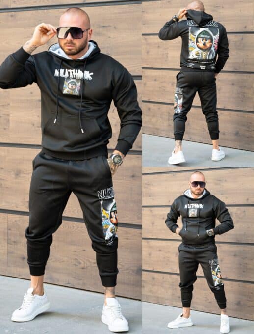 Compleu pentru barbati cu hanorac hoodie si imprimeu Mickey-negru cod 359