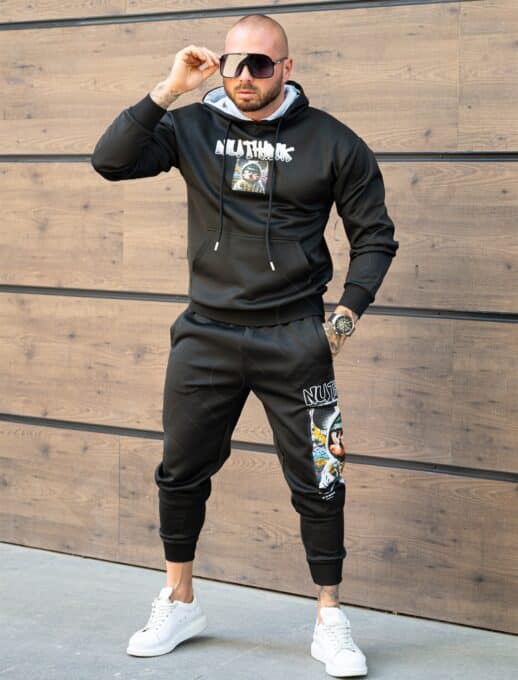 Compleu pentru barbati cu hanorac hoodie si imprimeu Mickey-negru cod 359