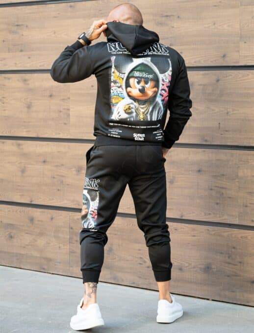 Compleu pentru barbati cu hanorac hoodie si imprimeu Mickey-negru cod 359