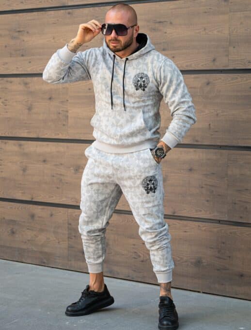 Compleu pentru barbati cu hanorac hoodie si imprimeu Cruce gotica-gri deschis cod 6330-1