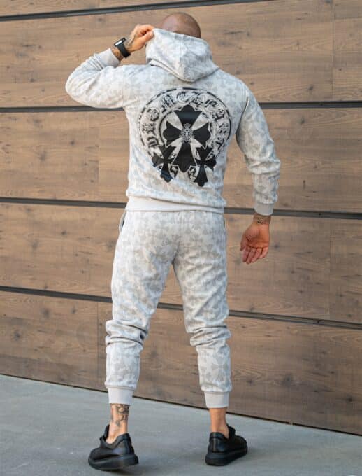 Compleu pentru barbati cu hanorac hoodie si imprimeu Cruce gotica-gri deschis cod 6330-1