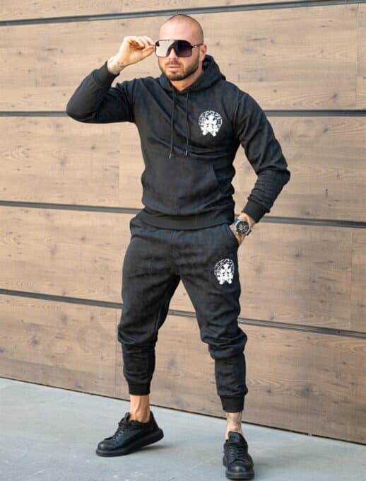 Compleu pentru barbati cu hanorac hoodie si imprimeu Cruce gotica-negru cod 6330