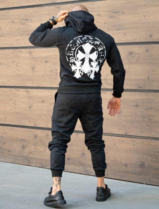 Compleu pentru barbati cu hanorac hoodie si imprimeu Cruce gotica-negru cod 6330