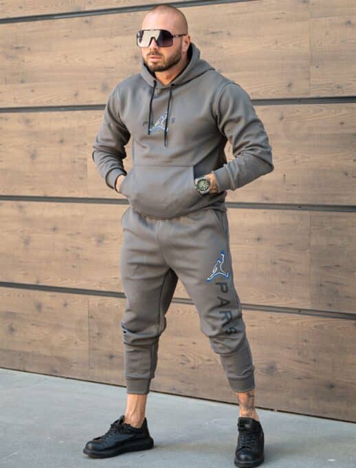 Compleu pentru barbati cu hanorac hoodie si aplicatie Paris-grafit cod 6286-2
