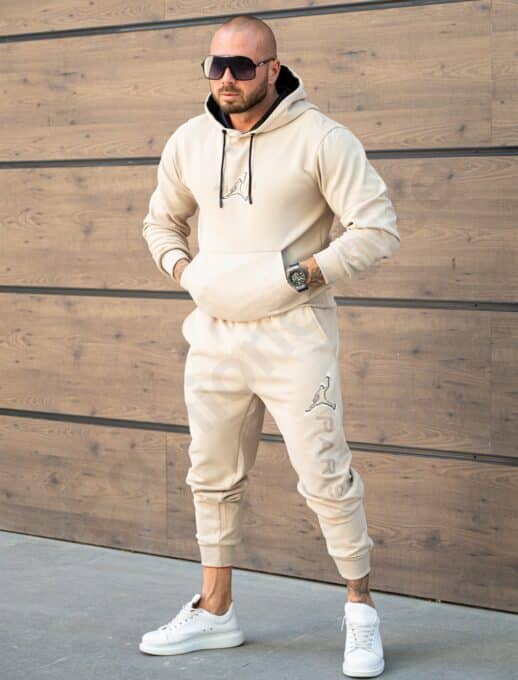 Compleu pentru barbati cu hanorac hoodie si aplicatie Paris-bej cod 6286-1