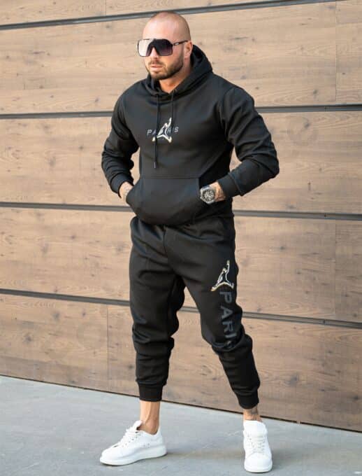 Compleu pentru barbati cu hanorac hoodie si aplicatie Paris-negru cod 6286