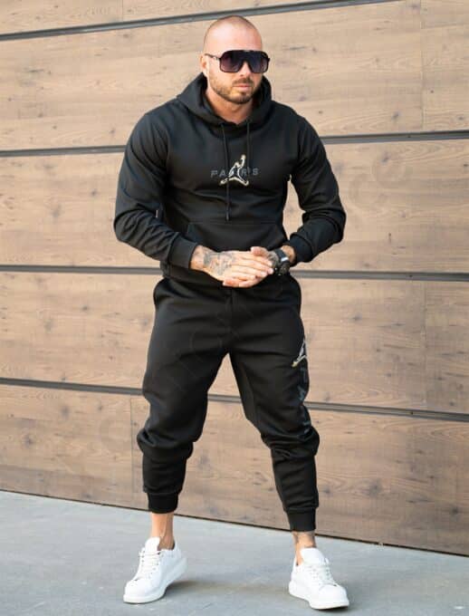 Compleu pentru barbati cu hanorac hoodie si aplicatie Paris-negru cod 6286