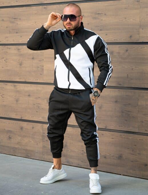 Compleu sport in doua culori pentru barbati cu guler inalt-negru/alb cod 6323
