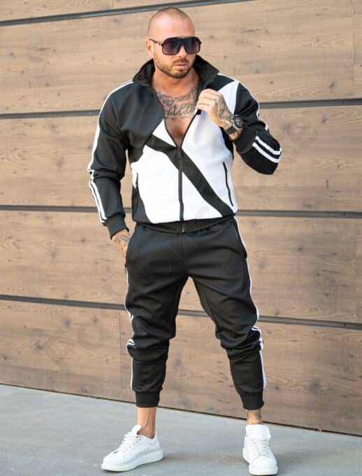 Compleu sport in doua culori pentru barbati cu guler inalt-negru/alb cod 6323