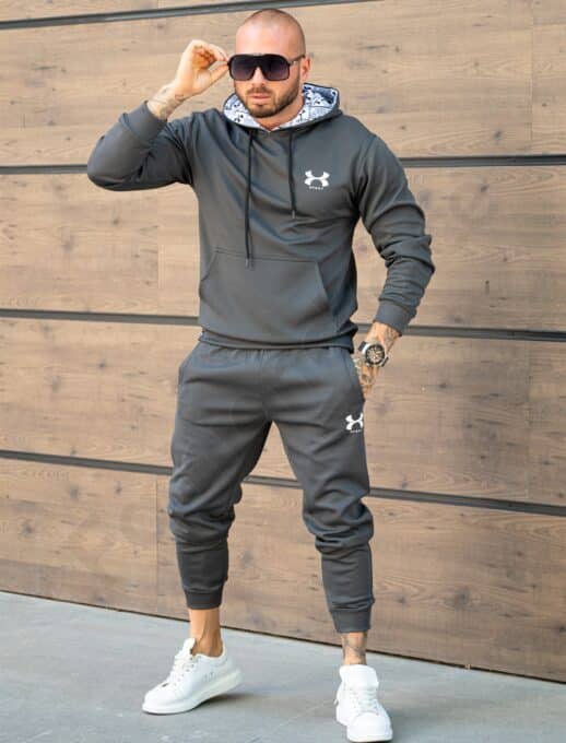 Compleu gros pentru barbati cu hanorac hoodie si imprimeu mica-grafit cod 5886-2