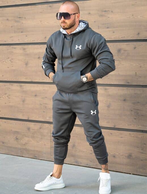 Compleu gros pentru barbati cu hanorac hoodie si imprimeu mica-grafit cod 5886-2
