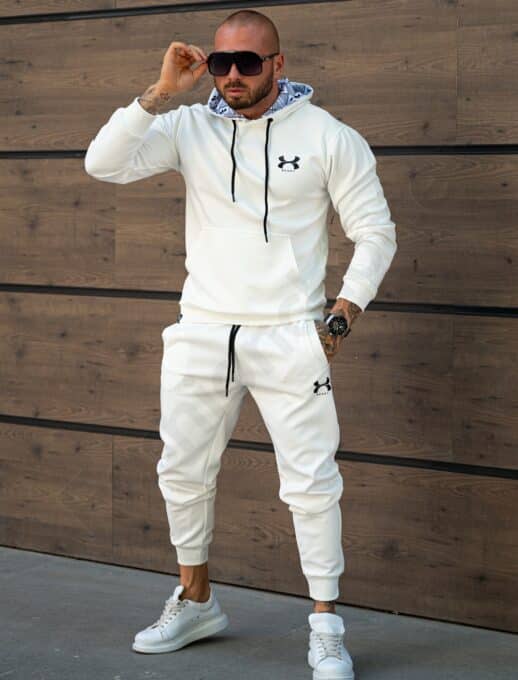 Compleu gros pentru barbati cu hanorac hoodie si imprimeu mica-alb cod 5886-1