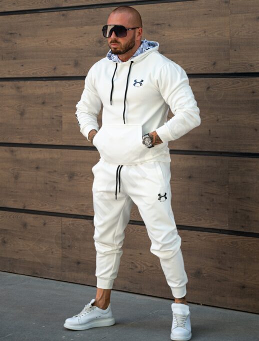 Compleu gros pentru barbati cu hanorac hoodie si imprimeu mica-alb cod 5886-1