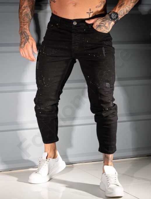 Blugi pentru barbati cu efect zgariat si stropi albi /34-42/-negru cod 2124