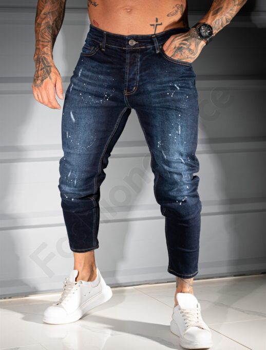 Blugi pentru barbati cu efect zgariat si stropi albi /34-42/-albastru inchis cod 2123