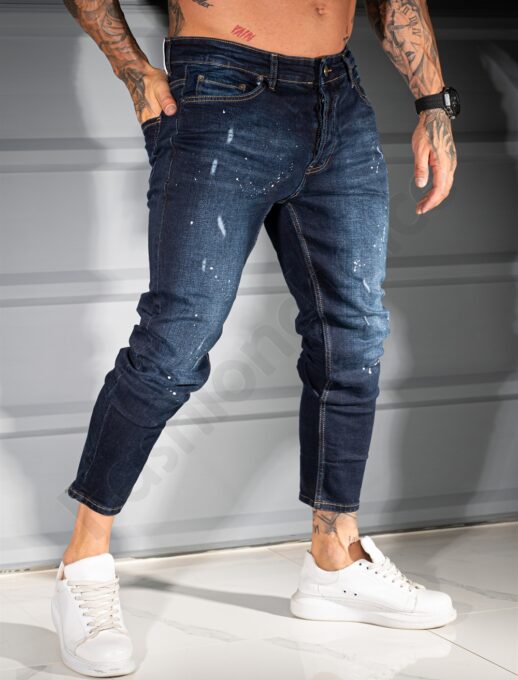 Blugi pentru barbati cu efect zgariat si stropi albi /34-42/-albastru inchis cod 2123