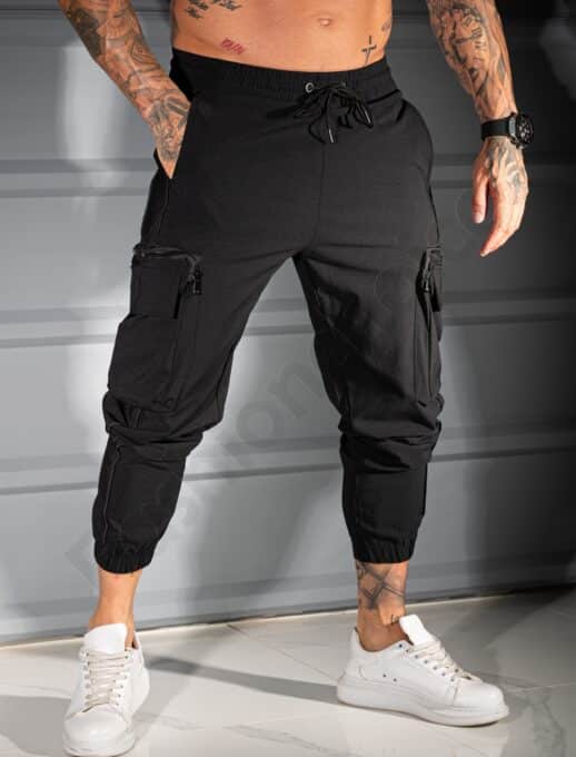 Pantalon sport pentru barbati din fas cu buzunare cargo-negru cod 9196
