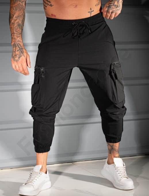 Pantalon sport pentru barbati din fas cu buzunare cargo-negru cod 9196