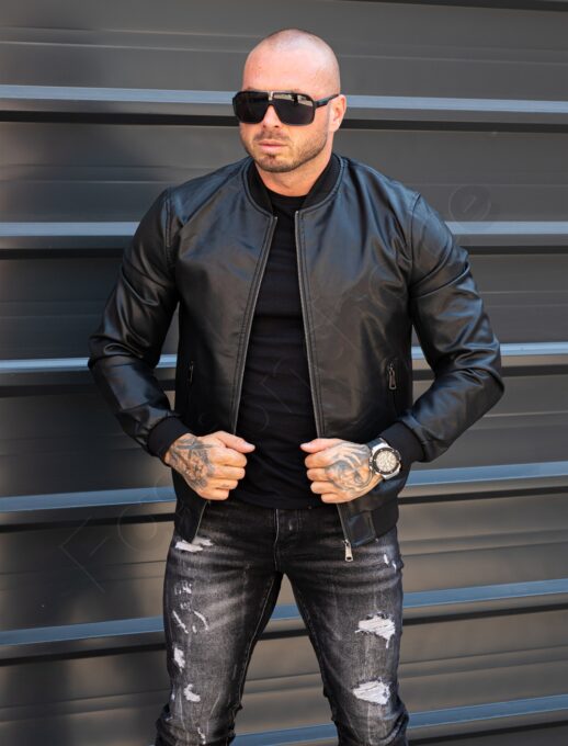 Geaca bomber din piele eco cu guler la baza gatului-negru cod 88120